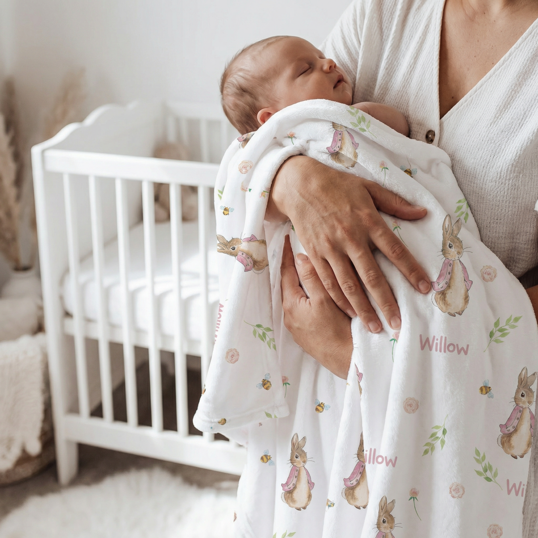 Soft personalised baby blanket with custom edge-to-edge print and plain white reverse side for ultimate comfort and stain resistance.