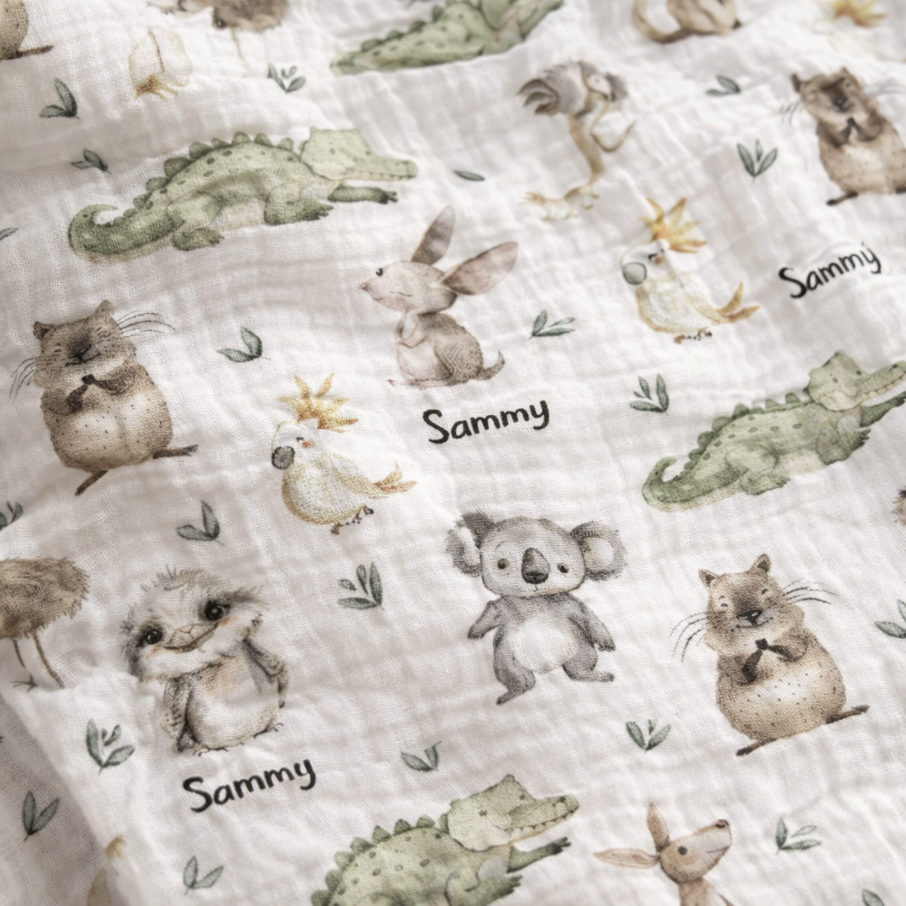 Personalised muslin swaddle wrap with baby name, soft breathable fabric, 120x120cm size for newborns