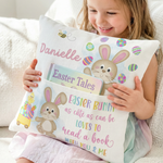 Personalised pink Easter pocket book cushion with bunny design and name, 16-inch soft linen fabric with built-in book pocket