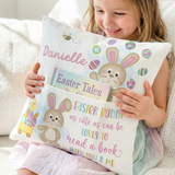 Personalised pink Easter pocket book cushion with bunny design and name, 16-inch soft linen fabric with built-in book pocket