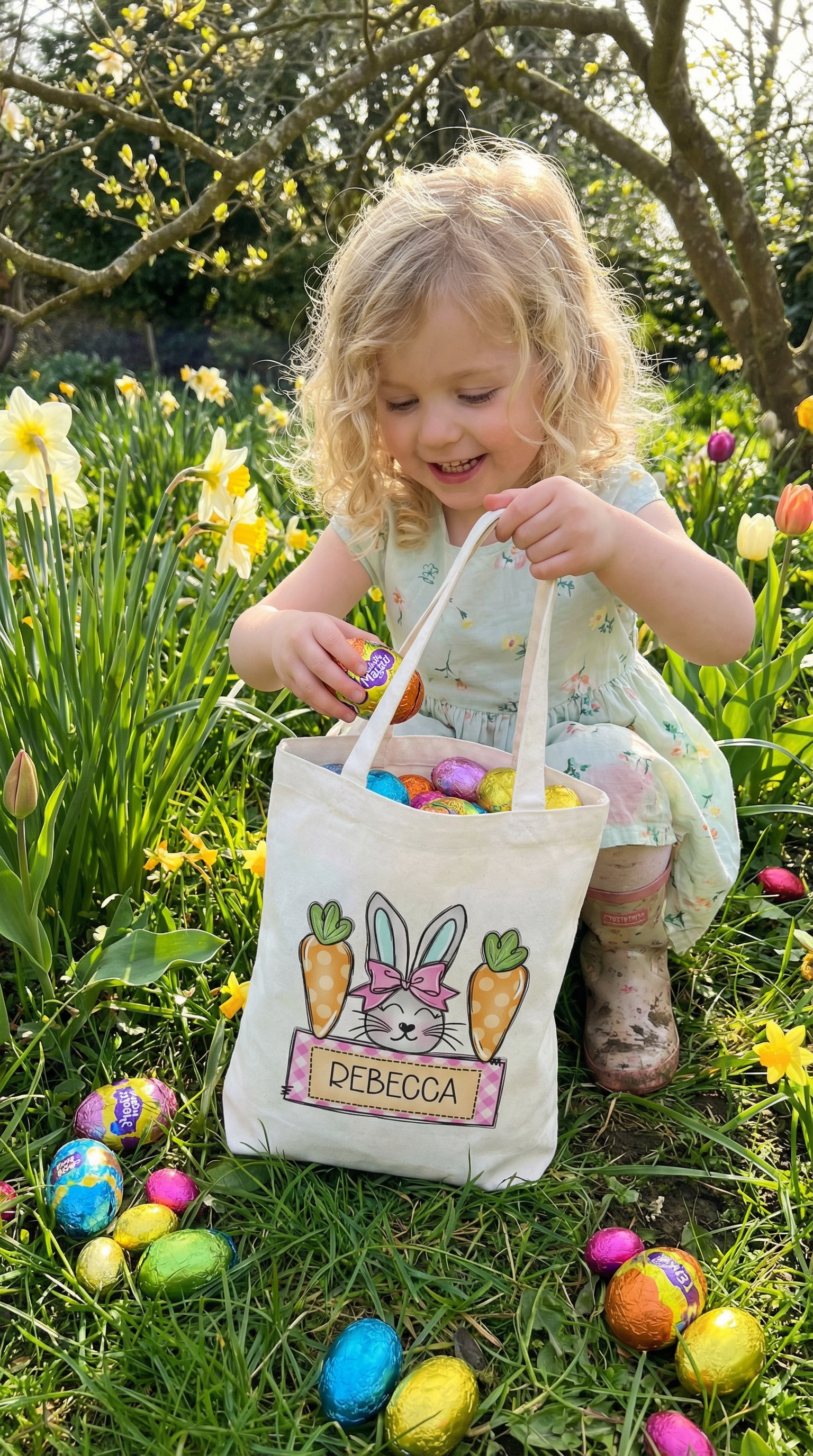 Personalised Easter tote bag with child's name and festive design for egg hunts