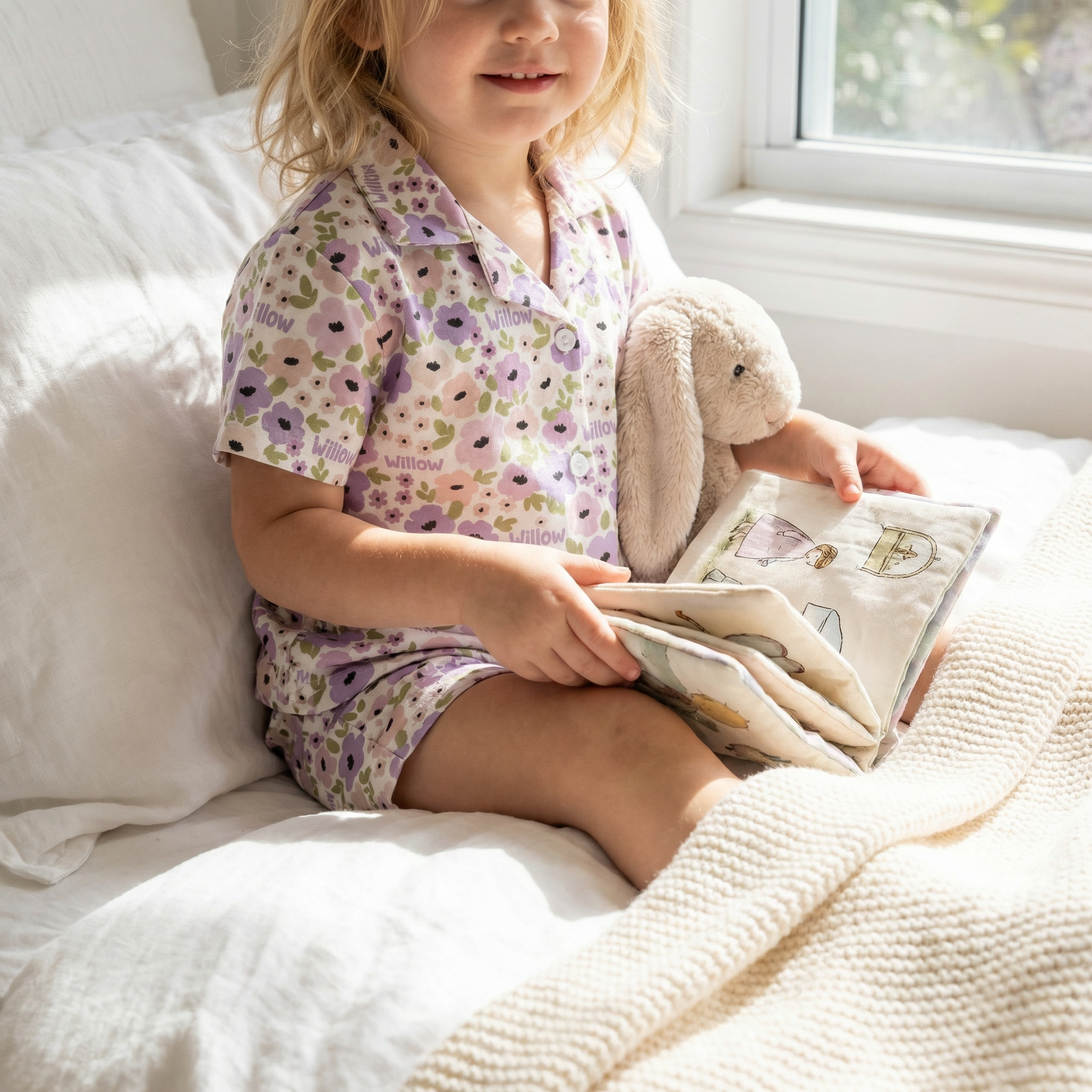 Personalised kids pyjamas short sleeve set with name and all-over print design