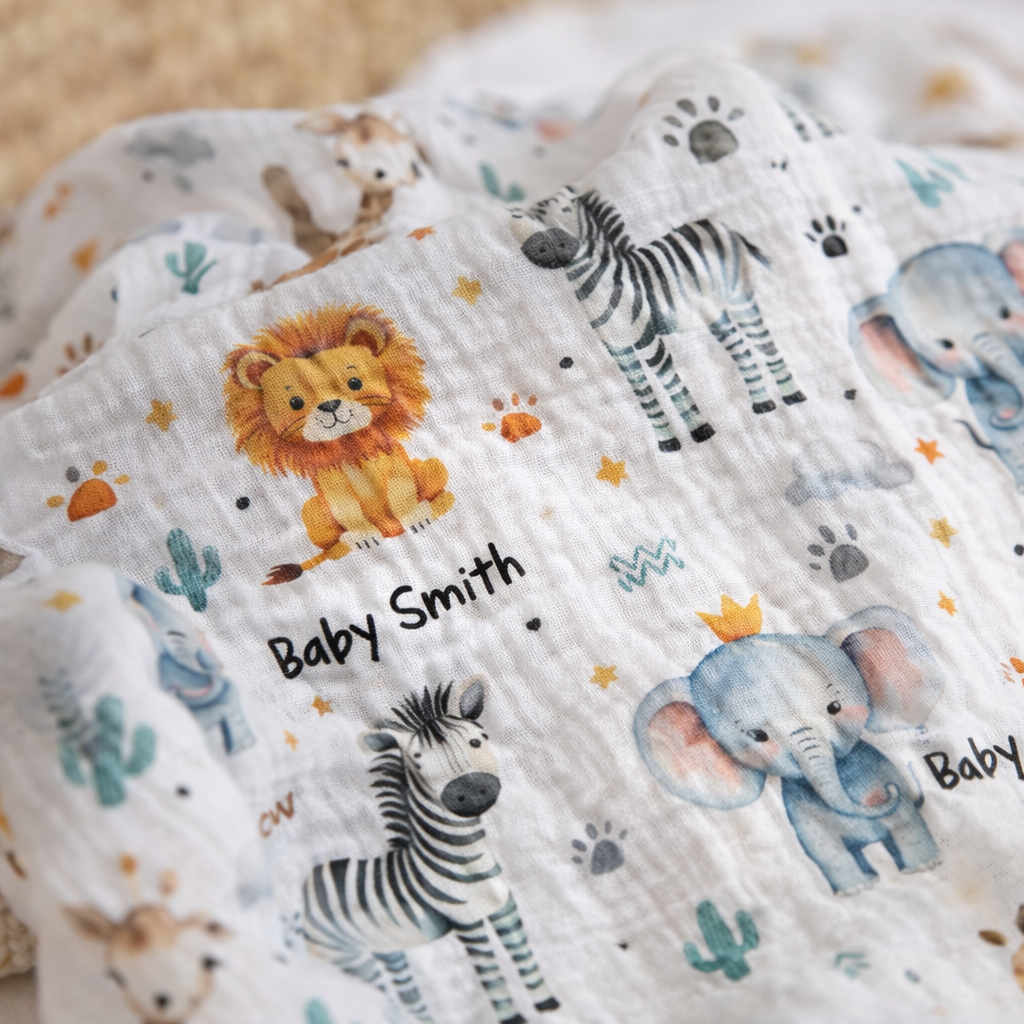 Personalised muslin swaddle wrap with baby name, soft breathable fabric, 120x120cm size, gentle for newborns
