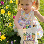Personalised Easter tote bag with child's name, festive design, and sturdy canvas for egg hunts