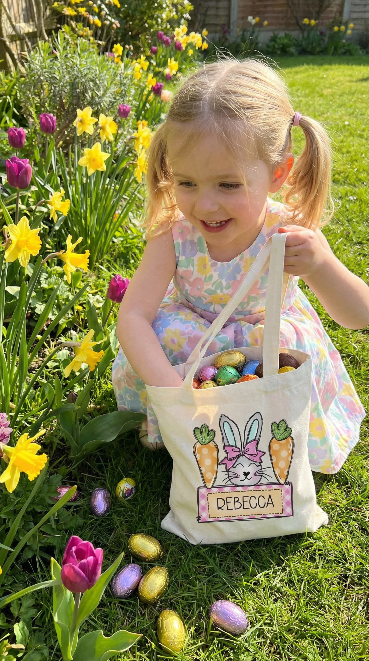 Personalised Easter tote bag with child's name, festive design, and sturdy canvas for egg hunts