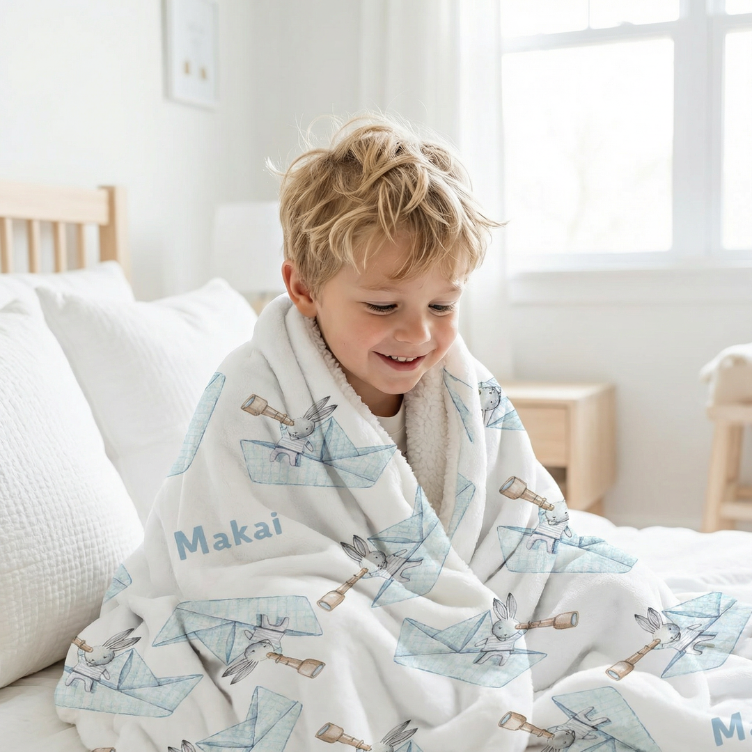 Personalised Easter kids sherpa blanket with plush velvet front and soft sherpa fleece backing