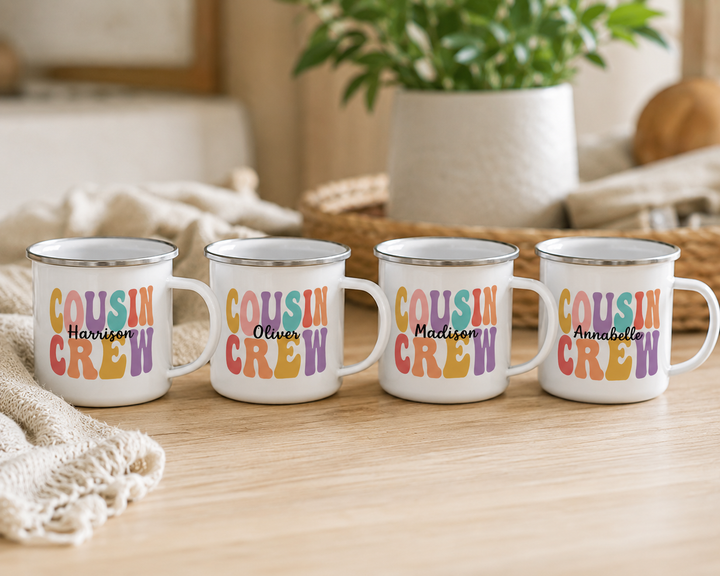 Personalised Cousin Crew Enamel Mug