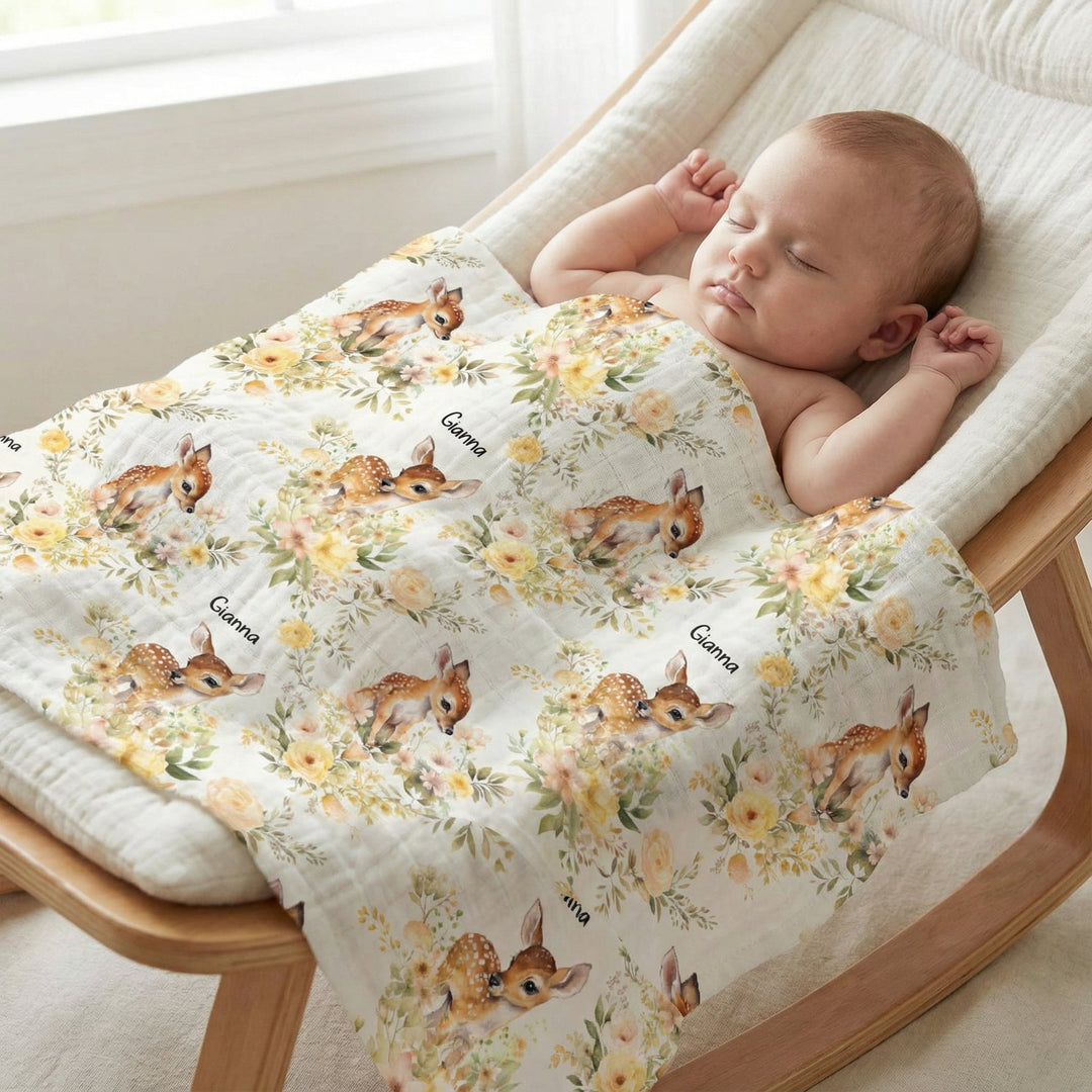 Personalised muslin swaddle wrap with baby name, soft breathable fabric, 120x120cm size for newborn comfort and cuddles