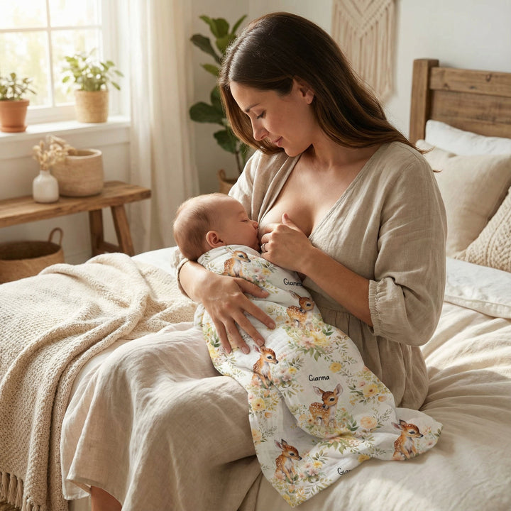 Personalised muslin swaddle wrap with baby name, soft breathable fabric, 120x120cm size for newborns