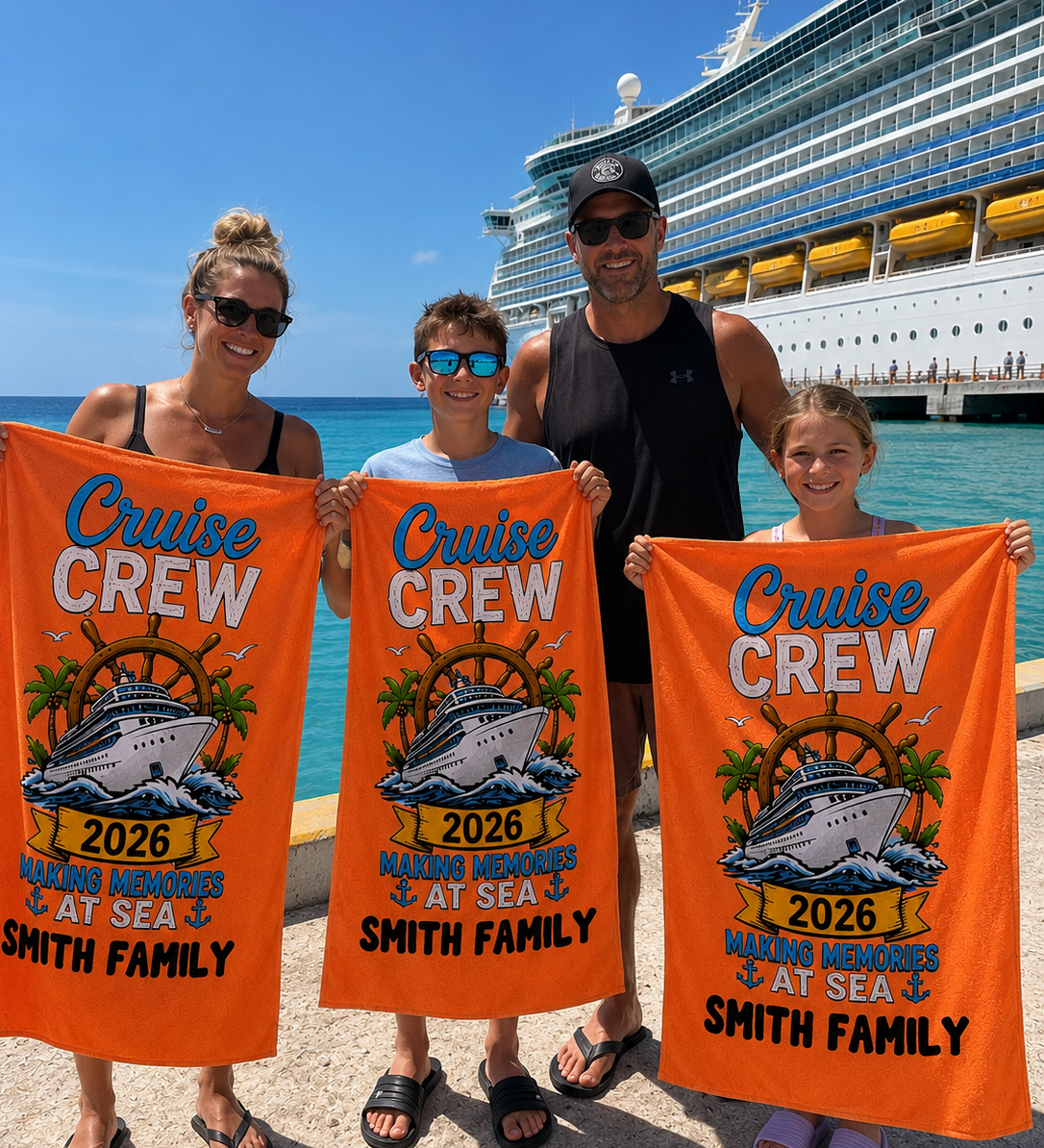 Personalised Making Memories Cruise 2026 beach towel name print detail