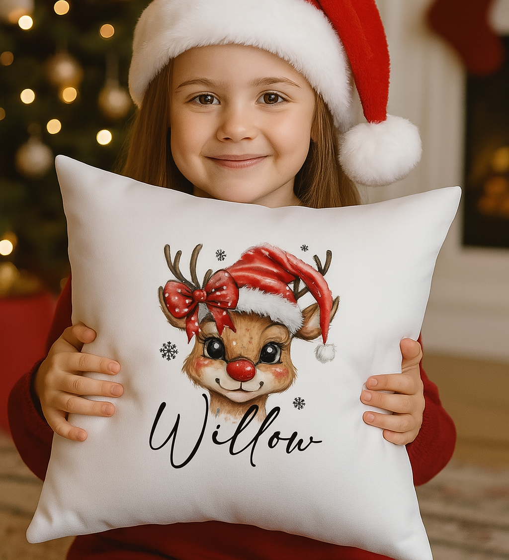 kids Christmas cushion Santa Reindeer design with girl’s name