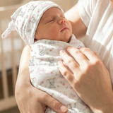 Custom swaddle wrap and beanie set made from soft premium stretch poly fabric with personalized design for newborns.