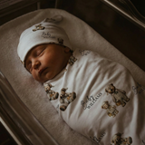 Personalised custom swaddle wrap and beanie set for newborns by The Custom Co.