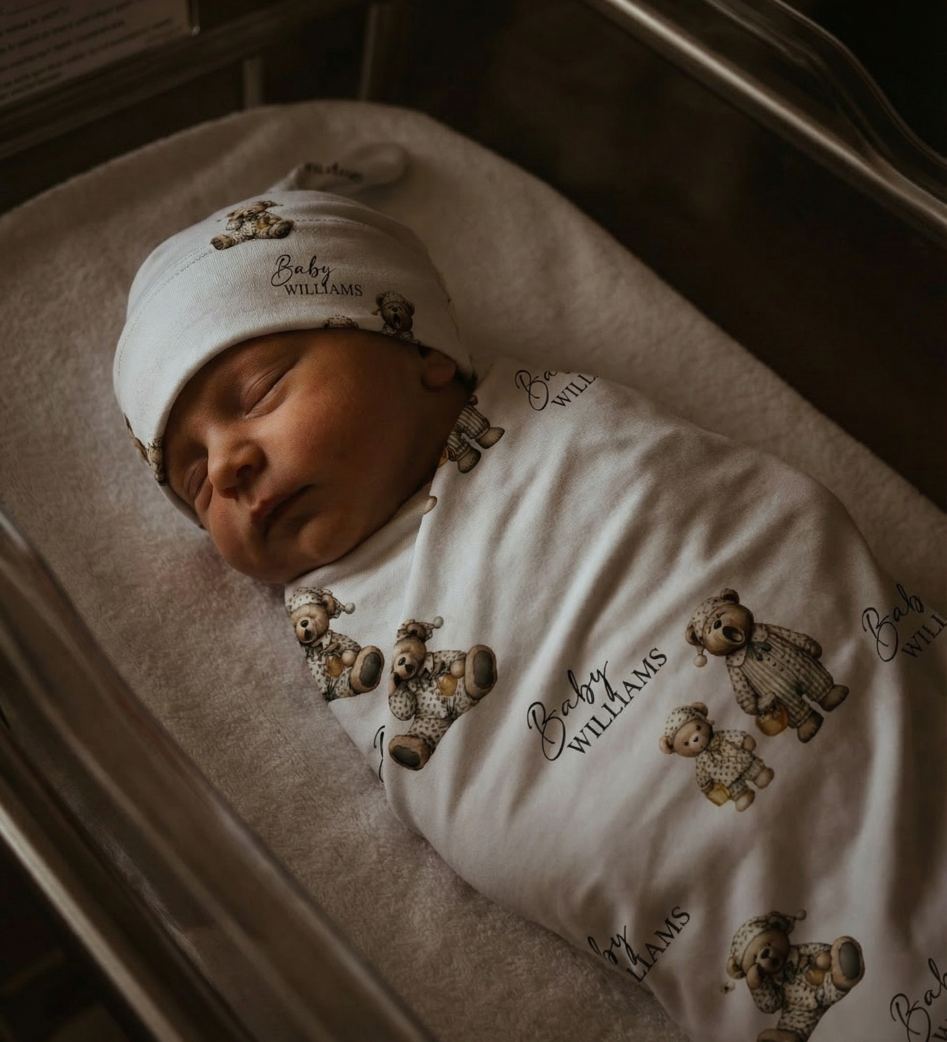 Personalised custom swaddle wrap and beanie set for newborns by The Custom Co.