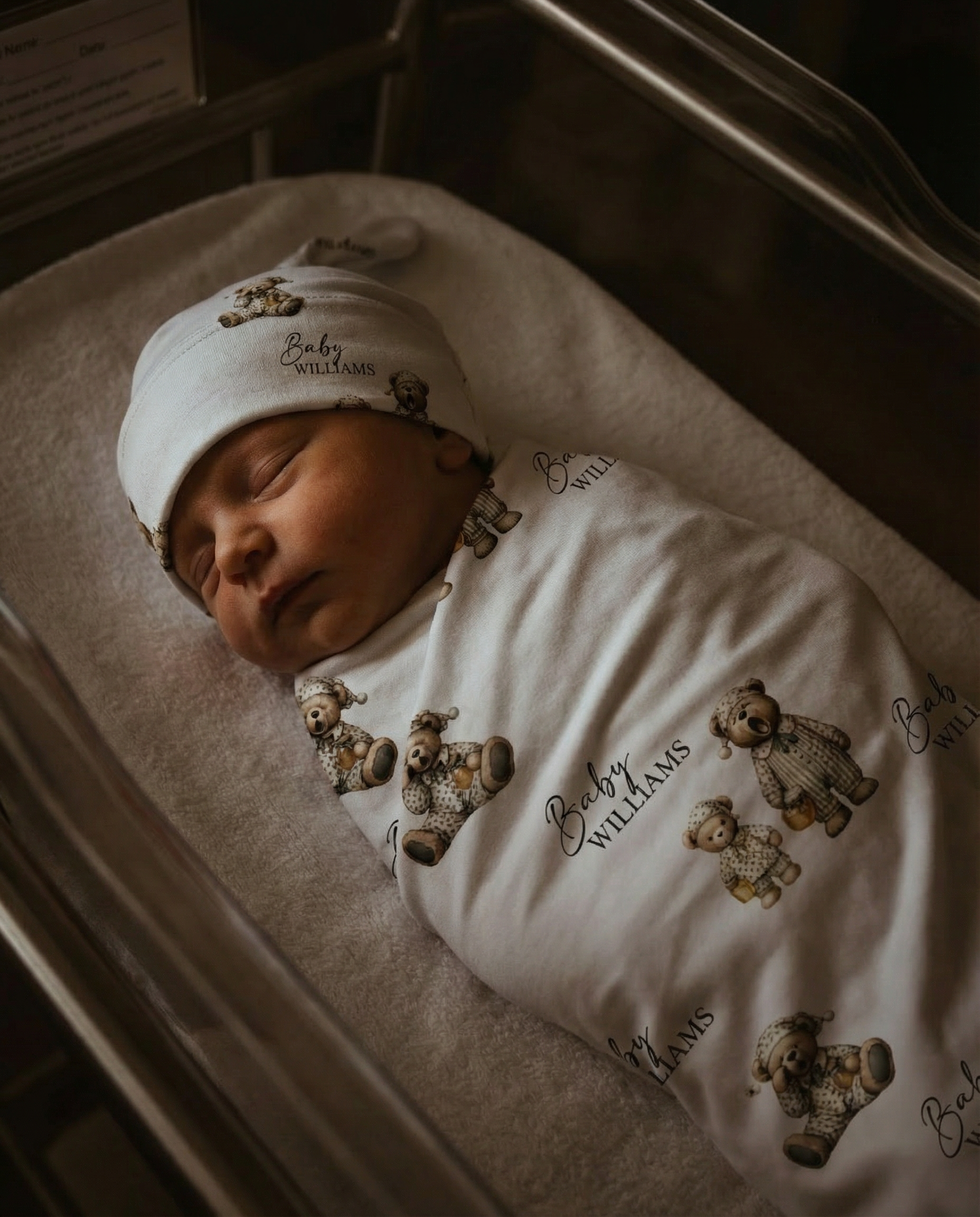 Personalised custom swaddle wrap and beanie set for newborns by The Custom Co.