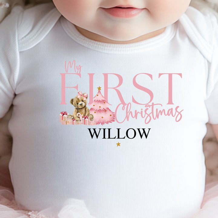 Pink Bear First Christmas Onesie