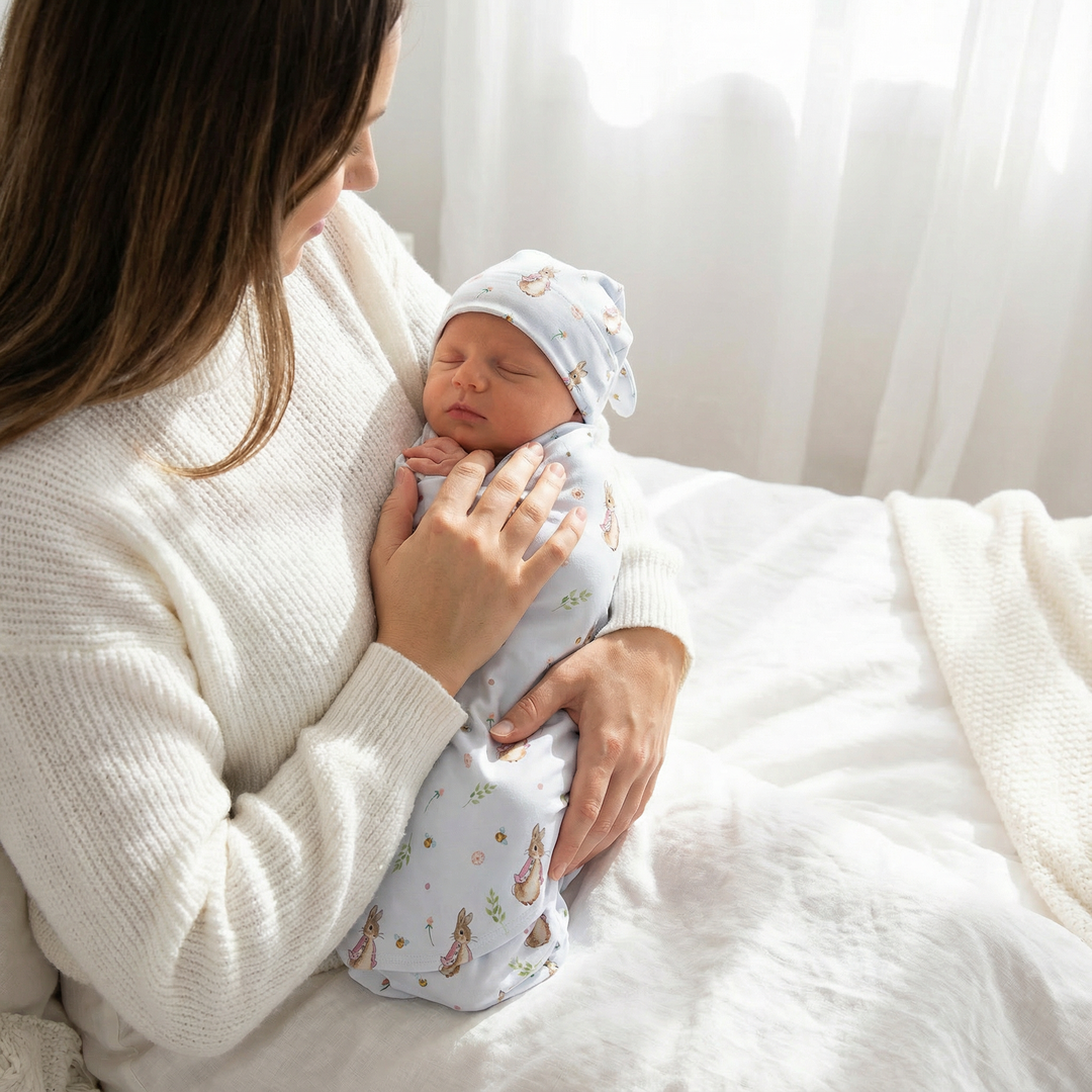 Flopsy themed baby swaddle wrap and matching beanie