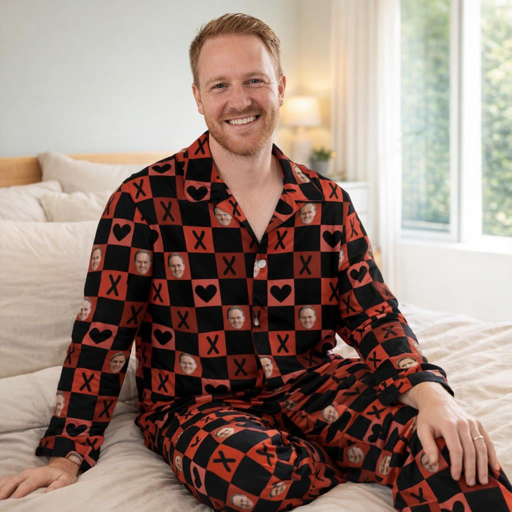 Matching personalised photo pyjamas for couples with custom face design