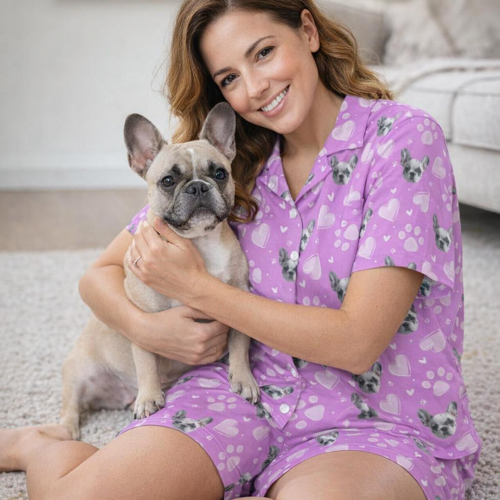Women’s personalised pet pyjama shorts with elastic waist and custom dog print