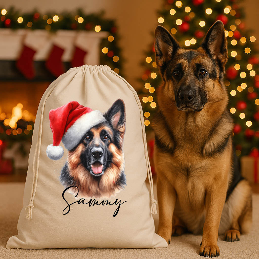Custom dog Santa sack with festive pet portrait wearing Santa hat