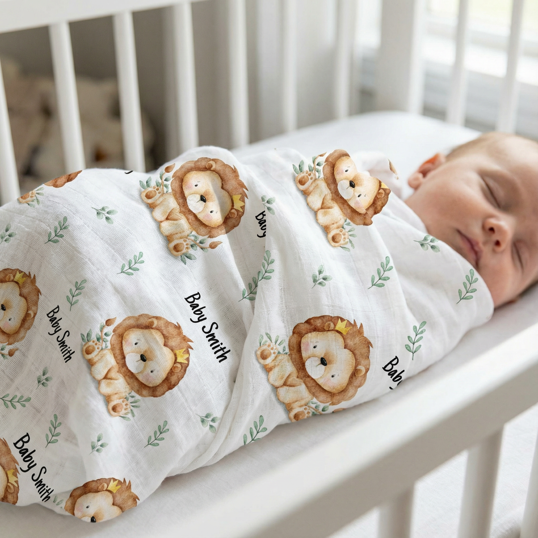 Personalised muslin swaddle wrap with baby name, soft breathable fabric, 120x120cm size for newborns and babies