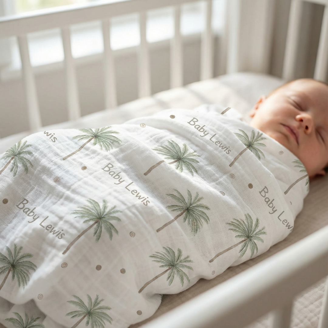 Personalised muslin swaddle wrap with baby's name, soft breathable fabric, 120x120cm size, ideal for newborns and gifting