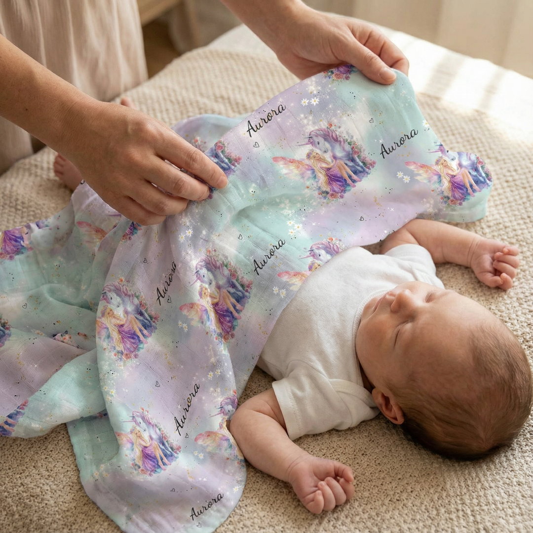 Personalised muslin swaddle wrap with baby name, soft breathable fabric, 120x120cm for newborns and babies.