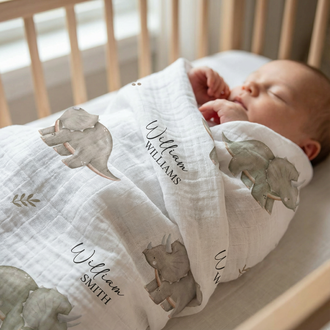 Personalised custom muslin swaddle wrap with baby name, soft breathable fabric, 120x120cm size
