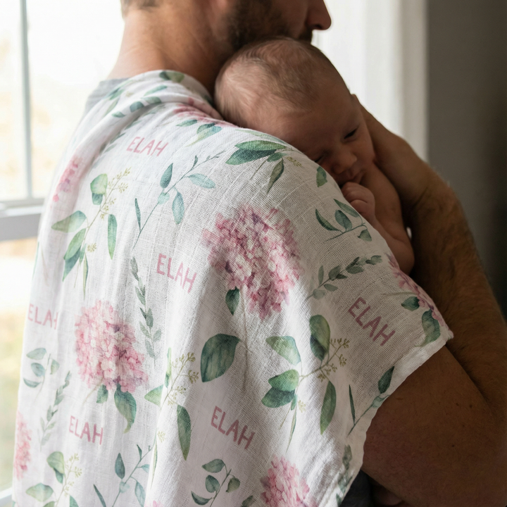 Personalised muslin swaddle wrap for newborns with custom baby name, soft breathable fabric, 120x120cm size.