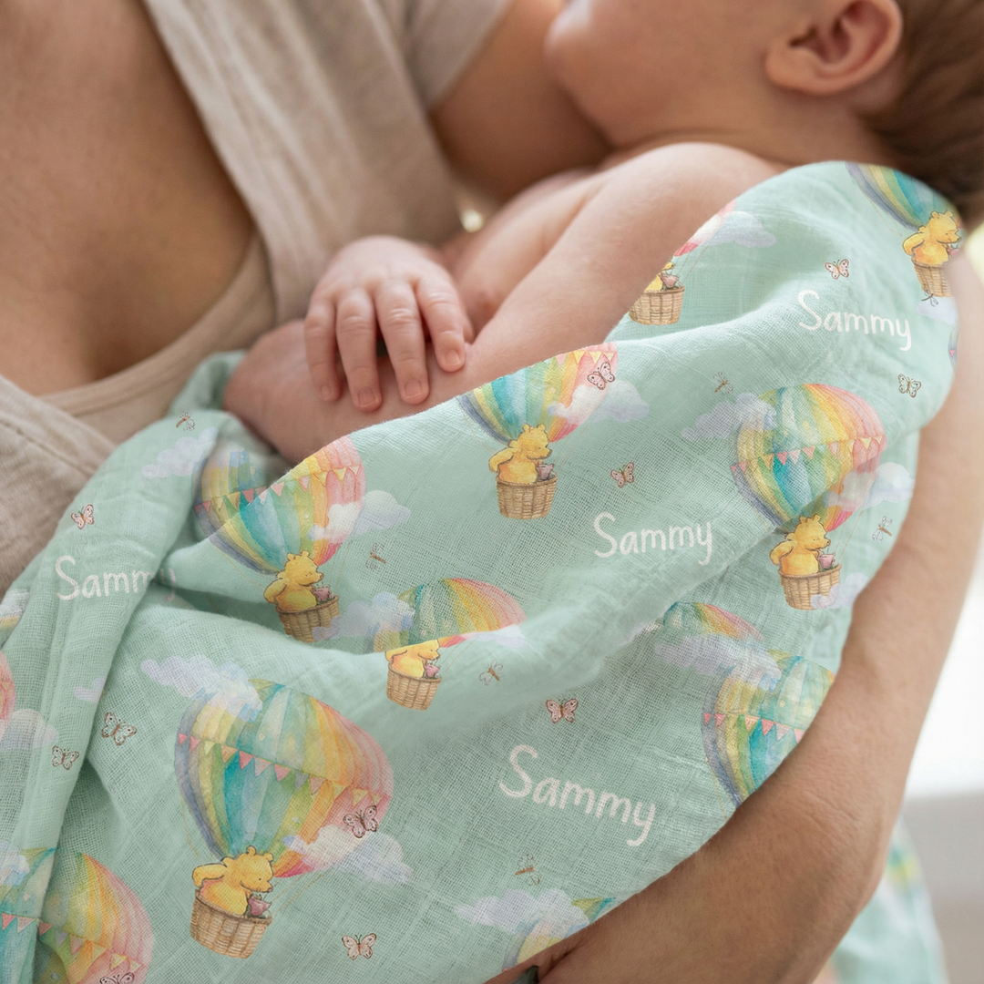 Personalised muslin swaddle wrap with baby name, soft breathable fabric, 120x120cm perfect for newborns and gifting