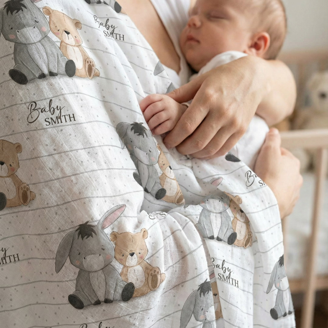 Custom muslin swaddle wrap personalized with baby’s name, soft breathable fabric, 120x120cm size for newborn comfort and versatile use