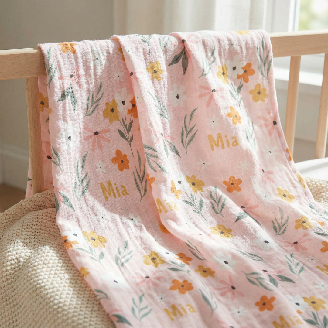 Personalised muslin swaddle wrap with baby name, soft breathable fabric, 120x120cm, perfect for newborns and gifting