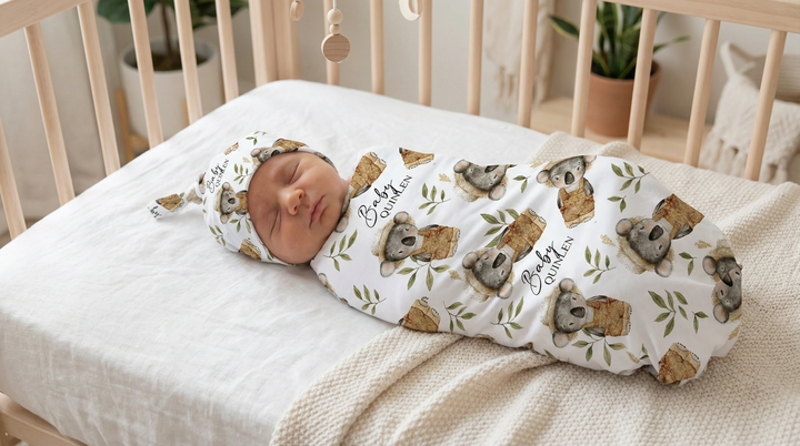 Newborn baby wrapped in a swaddle with koala design in a crib |custom baby swaddle