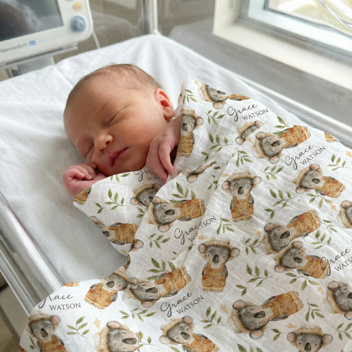 Custom muslin swaddle wrap personalized with baby’s name, soft breathable fabric, 120x120cm size for newborn comfort and versatile use