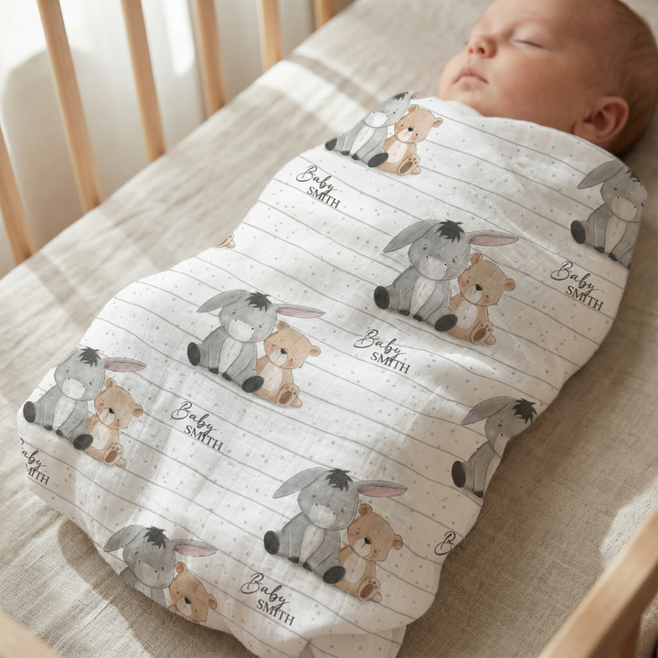 Personalised custom muslin swaddle wrap with baby name, soft breathable fabric, 120x120cm for newborn comfort and gift