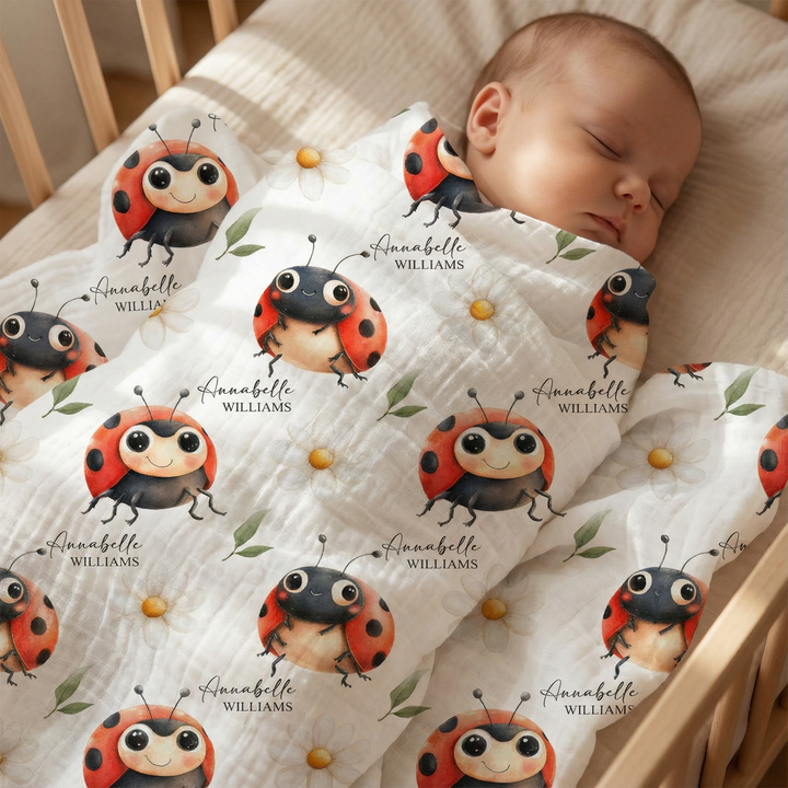 Custom muslin swaddle wrap personalized with baby name, soft breathable fabric, 120x120cm size for newborns.