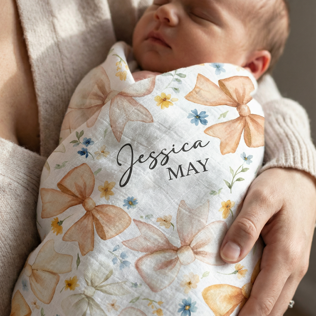 Custom muslin swaddle wrap personalized with baby’s name, soft breathable fabric, 120x120cm size for newborn comfort and gifting