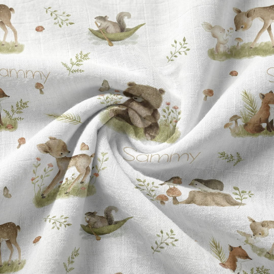 Personalised muslin swaddle wrap with baby name, lightweight breathable fabric, 120x120cm size for newborn comfort and versatile use.