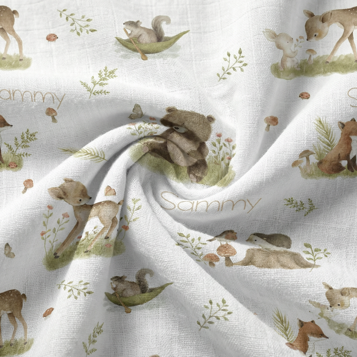 Personalised muslin swaddle wrap with baby name, lightweight breathable fabric, 120x120cm size for newborn comfort and versatile use.