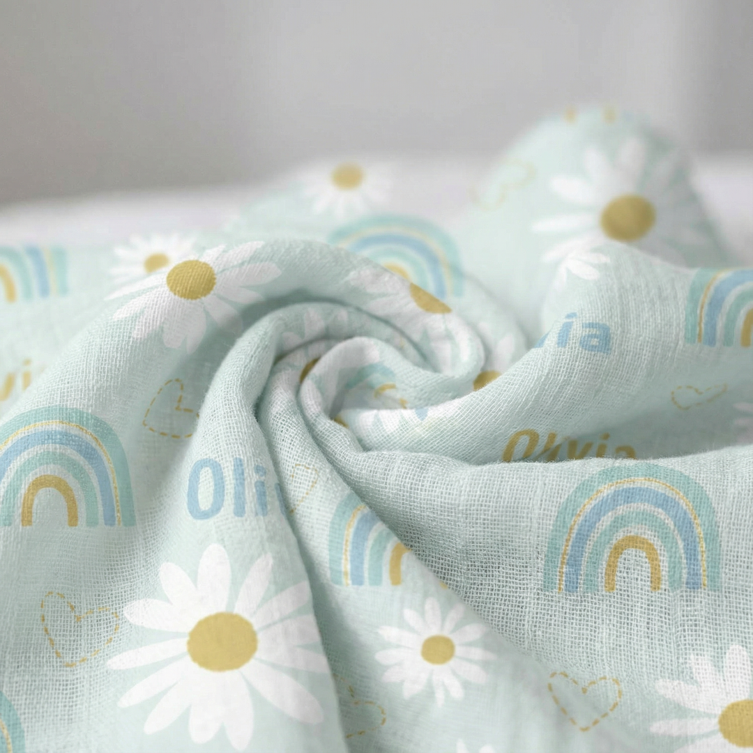 Personalised muslin swaddle wrap with baby name, soft breathable fabric, 120x120cm size, perfect for newborns and gifting