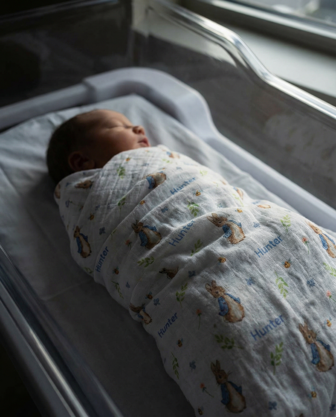 Personalised muslin swaddle wrap with baby name, soft breathable fabric, 120x120cm, ideal for newborns and gifts