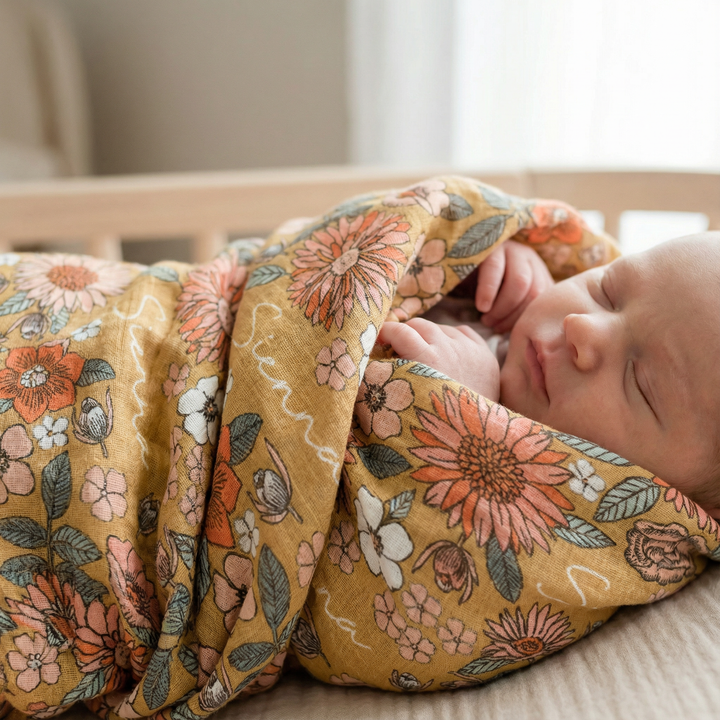 Personalised muslin swaddle wrap with baby name, soft breathable fabric, 120x120cm for newborn comfort and gifting