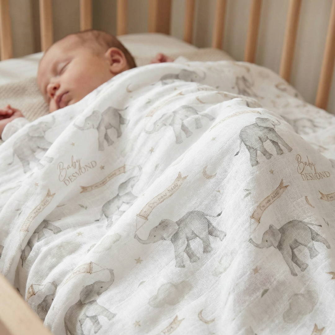 Custom muslin swaddle wrap personalized with baby’s name, breathable and soft, 120x120cm size