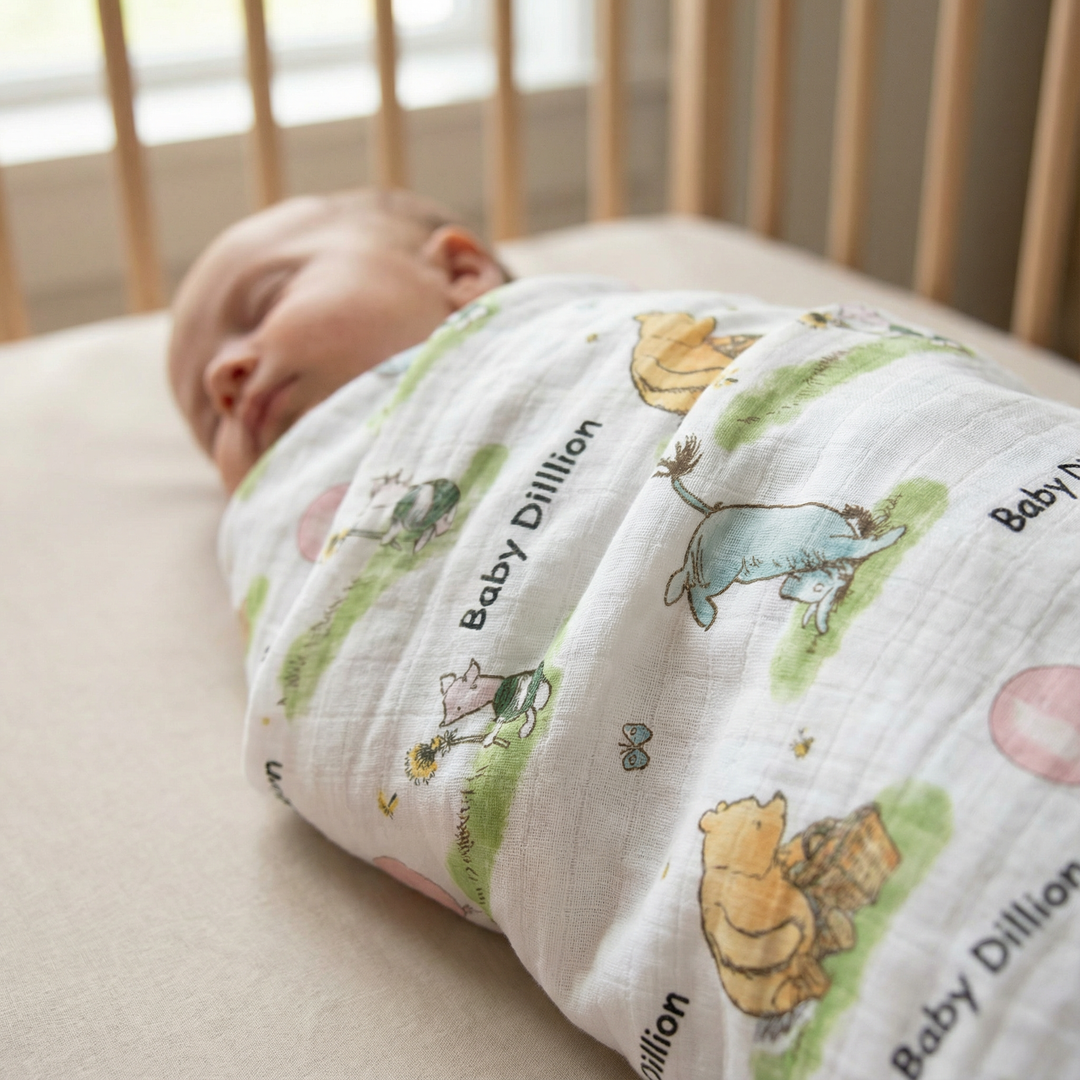 Personalised Muslin Swaddle wrap with baby name, soft breathable fabric, 120x120cm, gentle for newborns, lightweight and machine washable