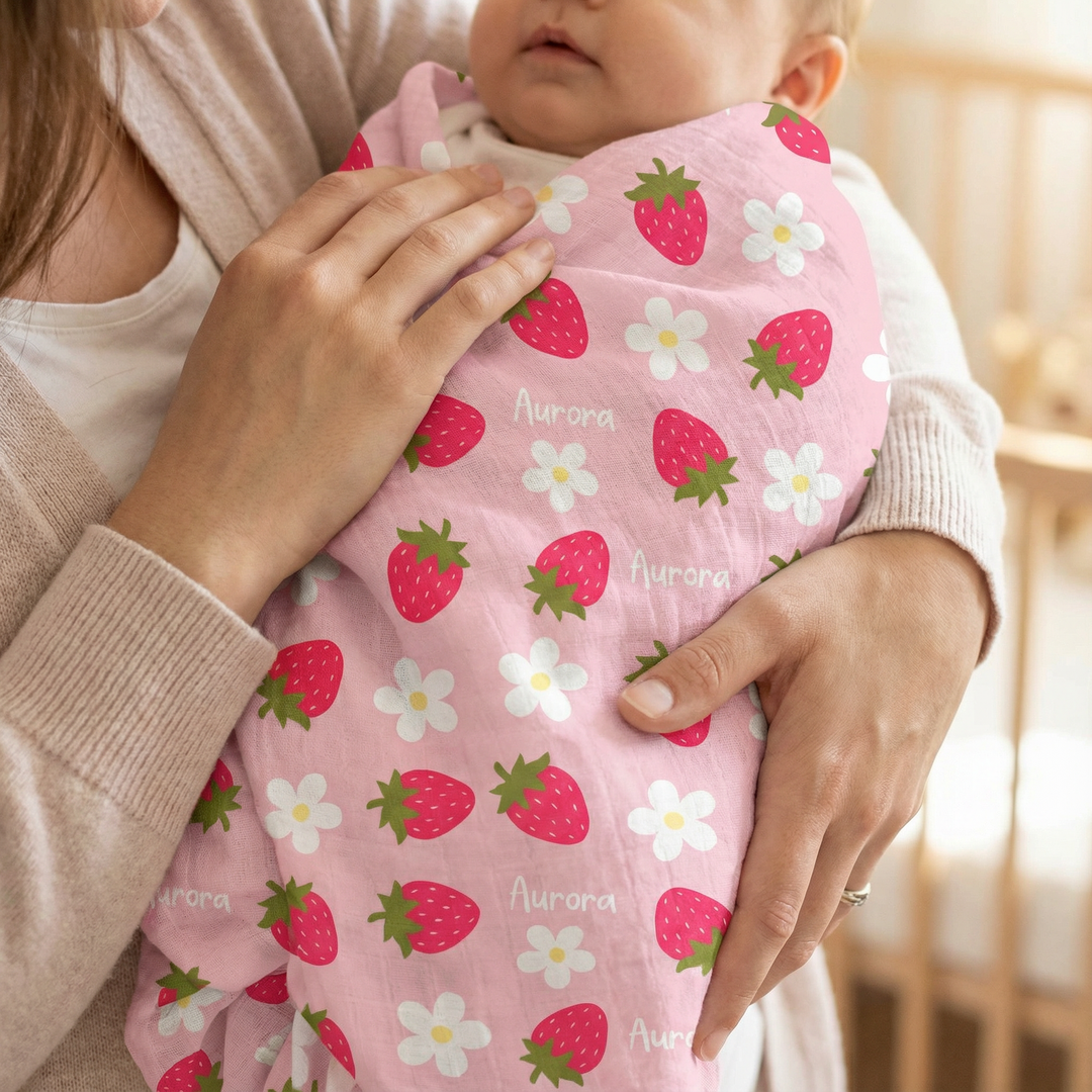 Personalised muslin swaddle wrap with custom baby name, soft breathable fabric, 120x120cm size for newborns and babies