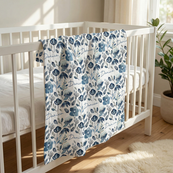 Personalised muslin swaddle wrap with baby name, soft breathable fabric, 120x120cm size for newborns and babies