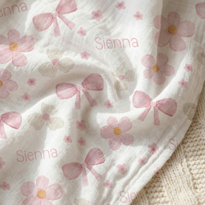 Personalised muslin swaddle wrap with baby name, soft breathable fabric, 120x120cm, gentle for newborns