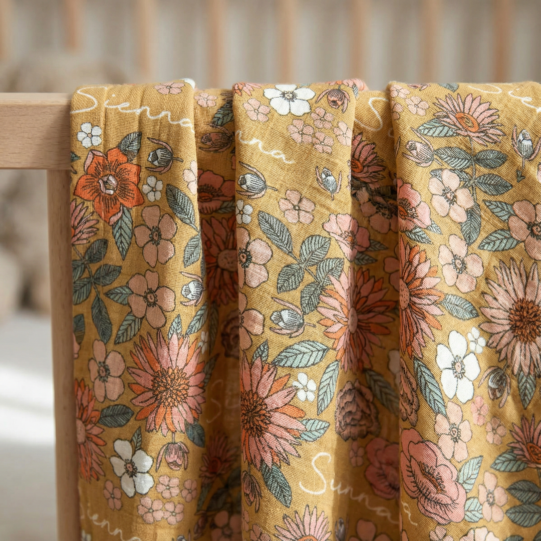 Personalised muslin swaddle wrap with baby name, soft breathable fabric for newborns, 120x120cm size