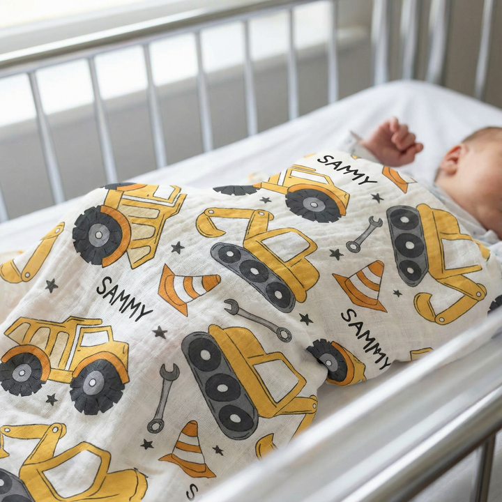 Personalised muslin swaddle wrap with baby name, soft breathable fabric, 120x120cm, gentle for newborns