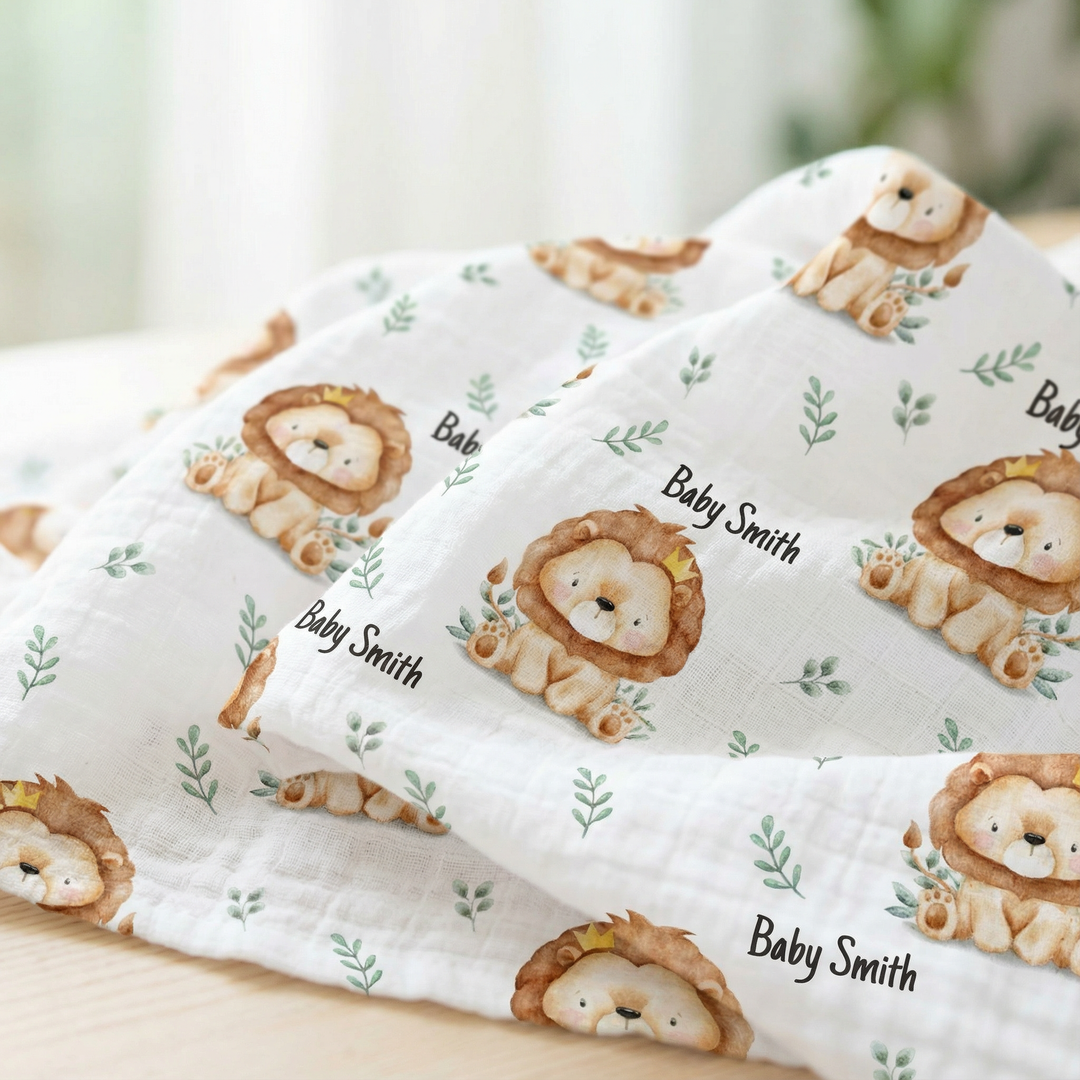 Personalised muslin swaddle wrap with baby name, soft breathable fabric, 120x120cm size for newborns and babies.